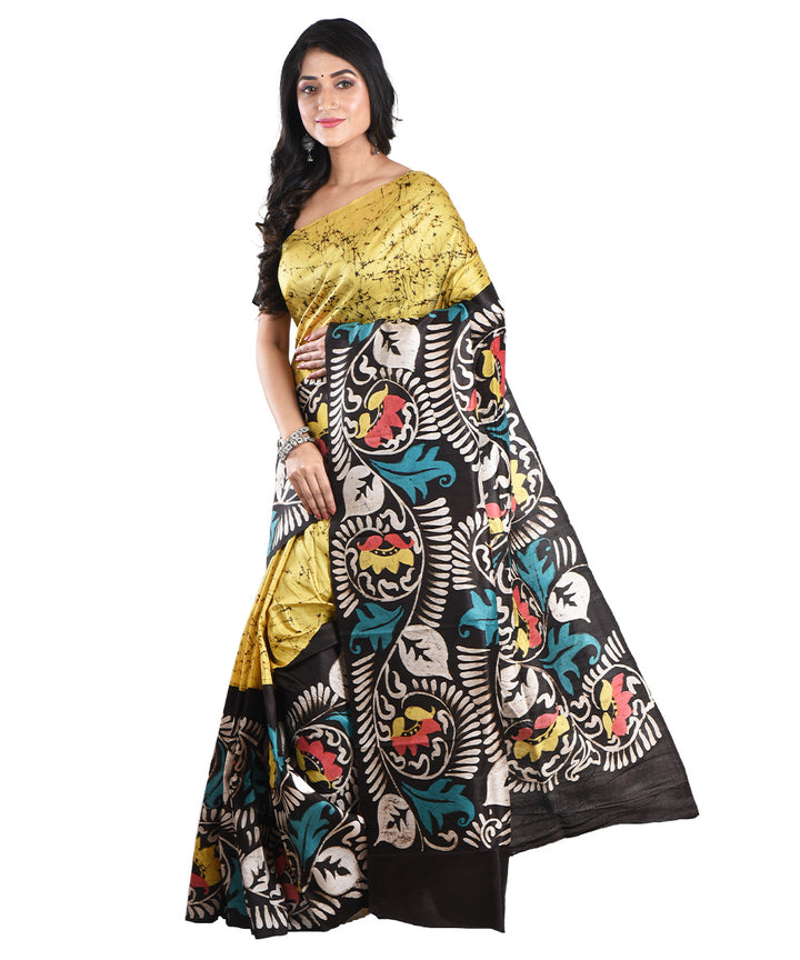 Yellow multicolor handloom silk batik print saree