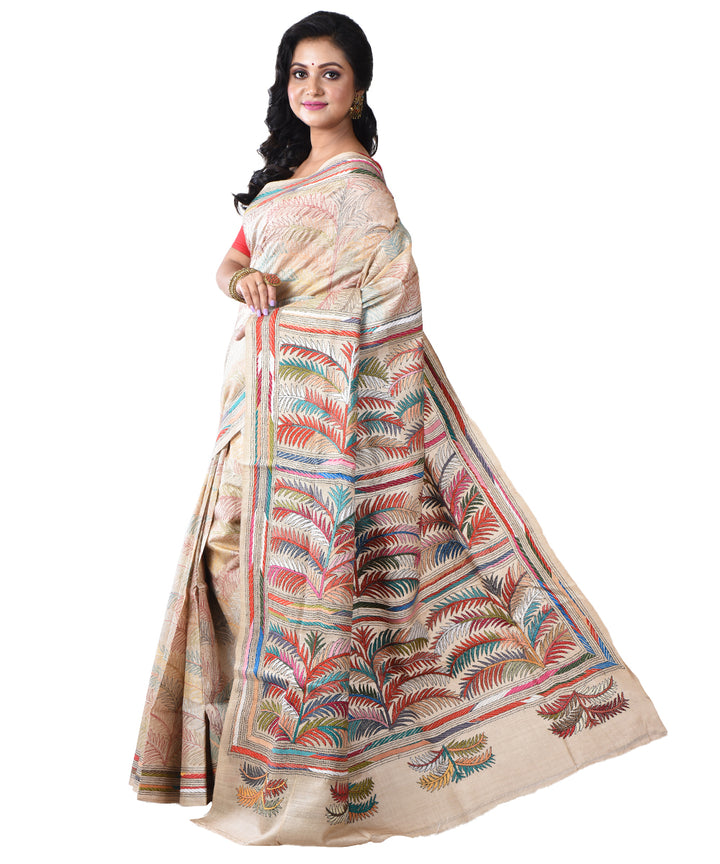 Beige hand kantha stitched bengal tussar silk saree