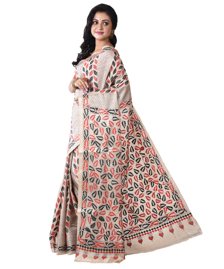 Beige floral hand kantha stitched tussar silk saree