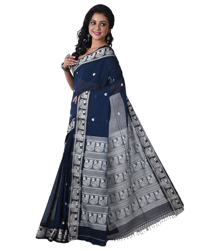Navy blue white handloom shantipuri cotton saree