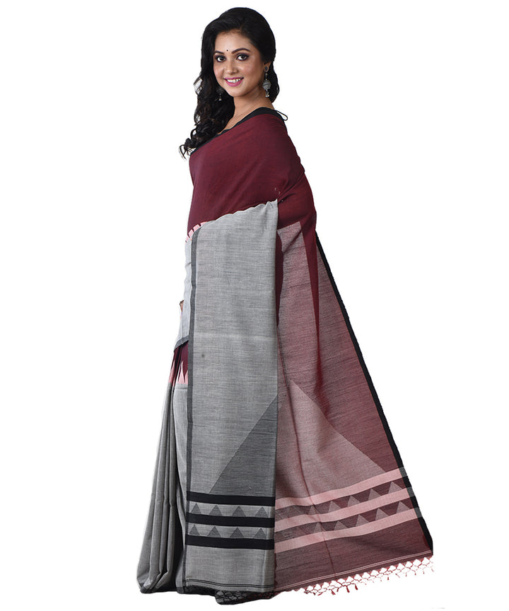 Maroon grey handloom shantipuri cotton saree