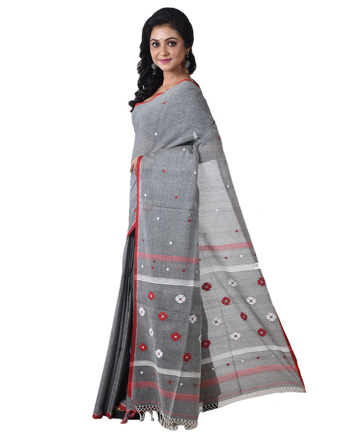 Grey red handloom shantipuri cotton saree