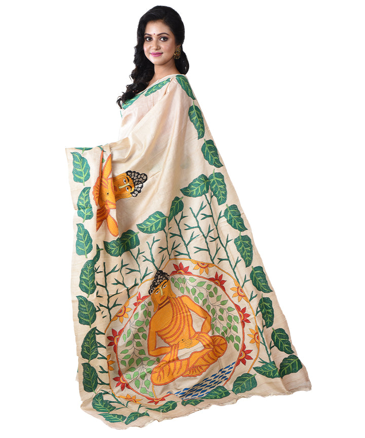 Beige yellow hand kantha stitched tussar silk saree