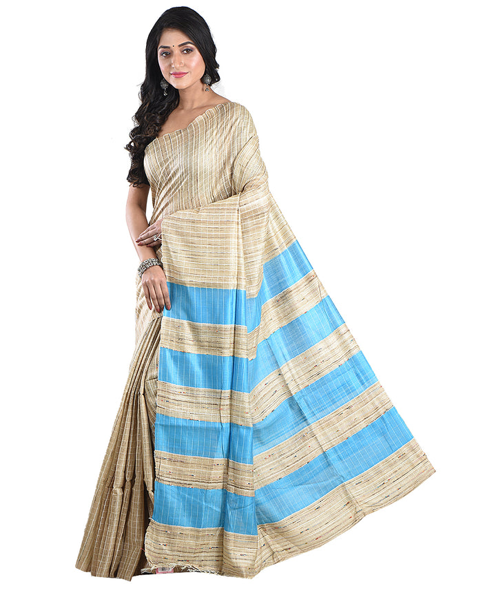 Beige sky blue handwoven tussar silk saree