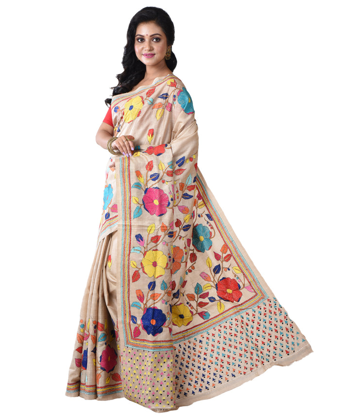 Beige multicolor flower hand kantha stitched tussar silk saree