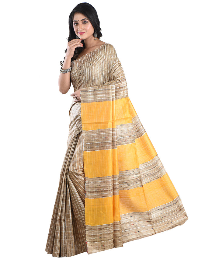 Beige yellow handwoven tussar silk saree