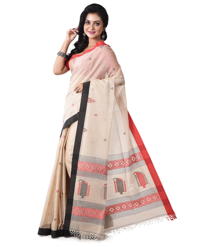 Beige black handloom cotton shantipuri saree