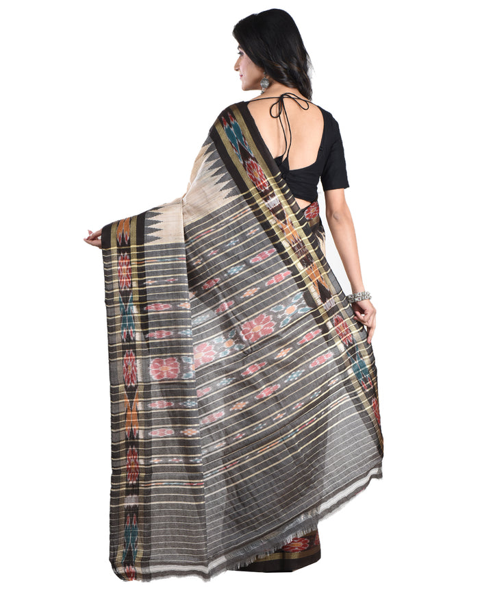 Beige black tussar silk handwoven saree