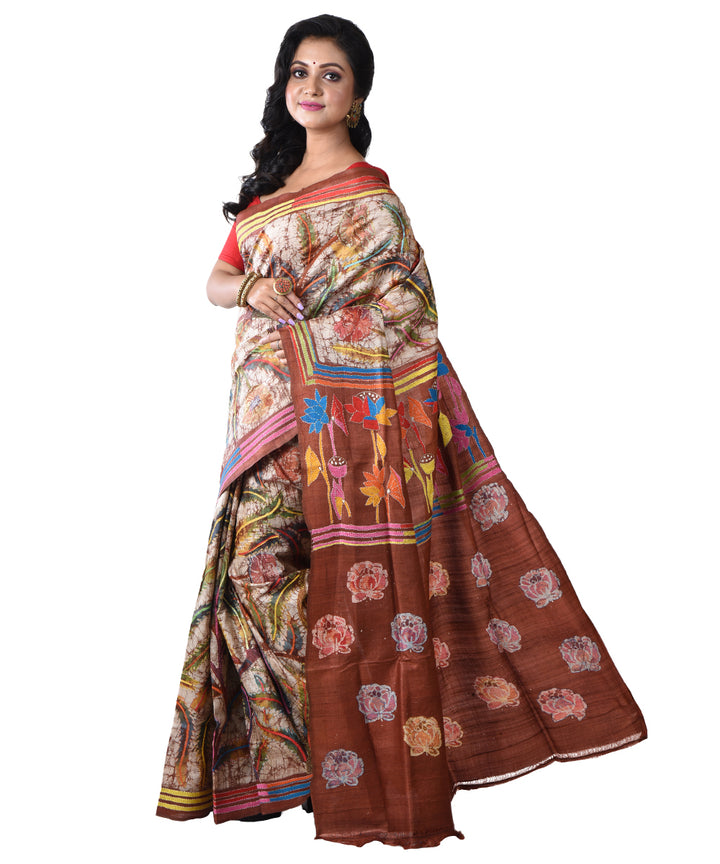 Multicolor brown hand kantha stitched tussar silk saree