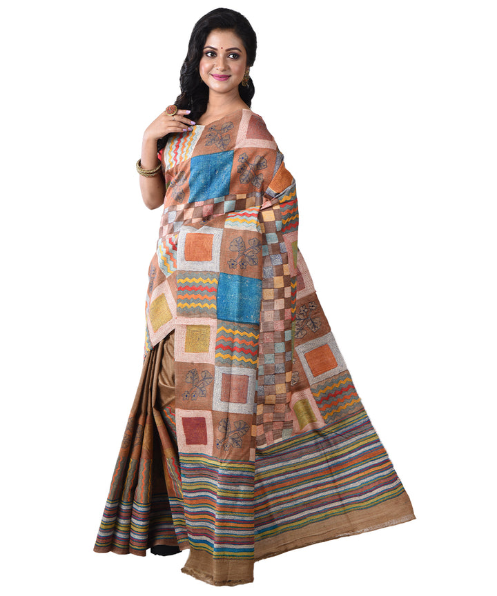 Brown multicolor hand kantha stitched tussar silk saree