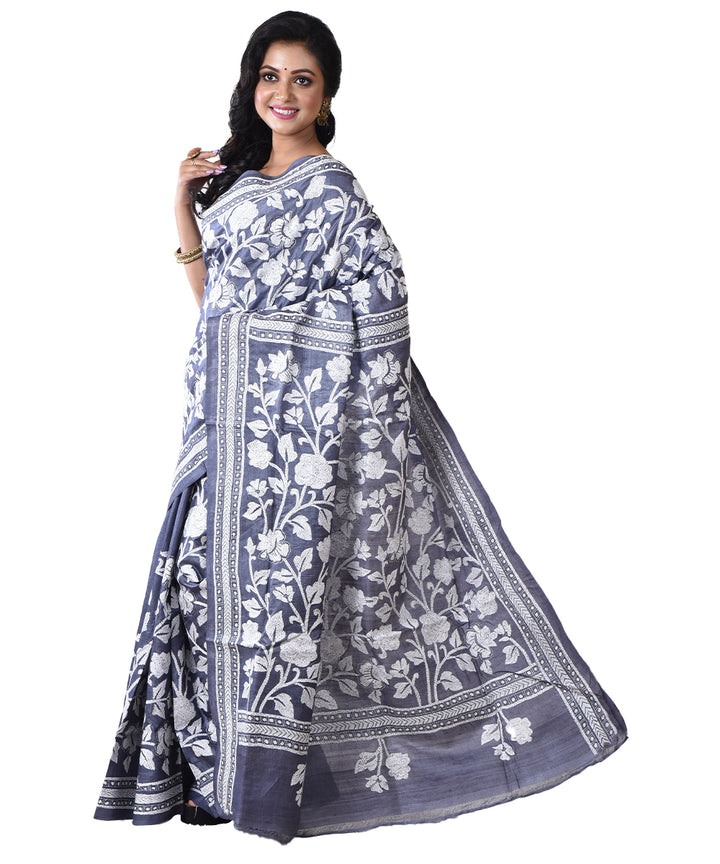 Grey white hand kantha stitched tussar silk saree