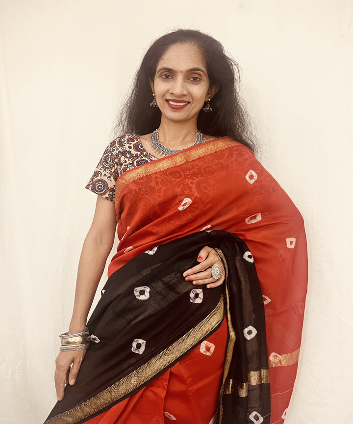 Red black hand block bandhani print maheswari sico saree
