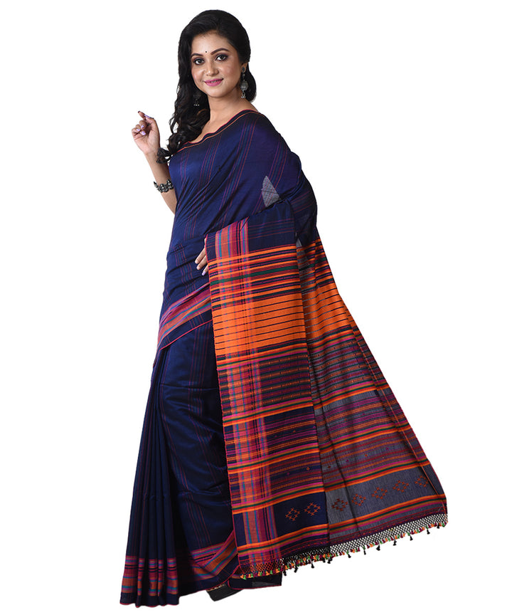 Navy blue multicolor handloom cotton shantipuri saree