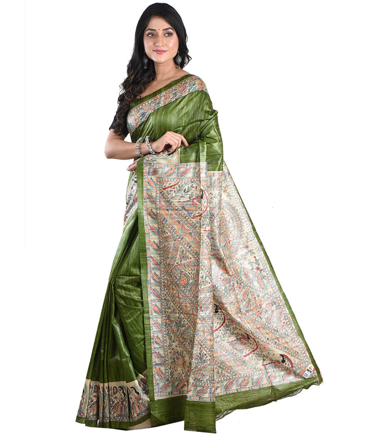 Dark green multicolor handloom tussar silk madhubani painting saree