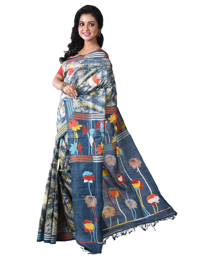 Turquoise hand kantha stitched tussar silk saree