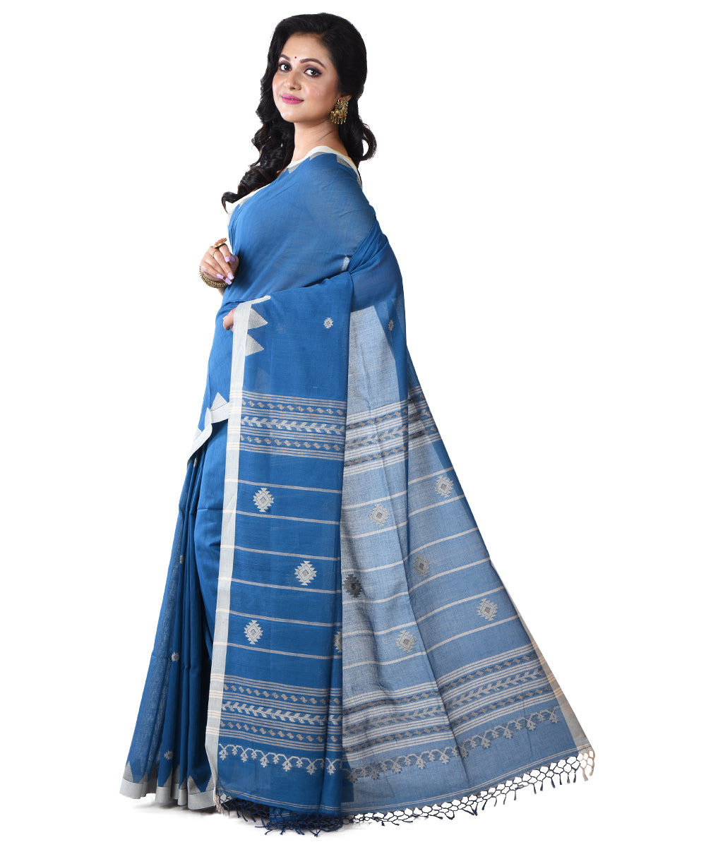 Cyan blue shantipuri handloom cotton saree