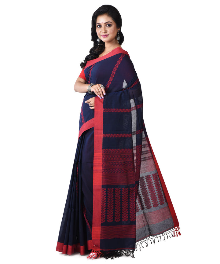 Navy blue red handloom cotton shantipuri saree