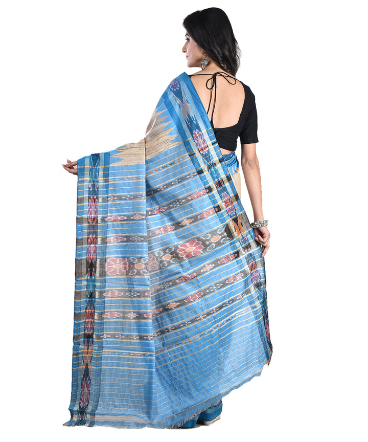 Beige cyan blue handwoven tussar silk saree