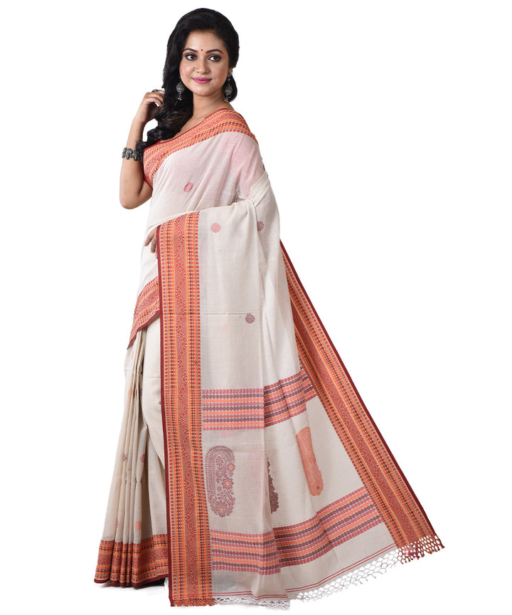 Beige orange handloom cotton shantipuri saree