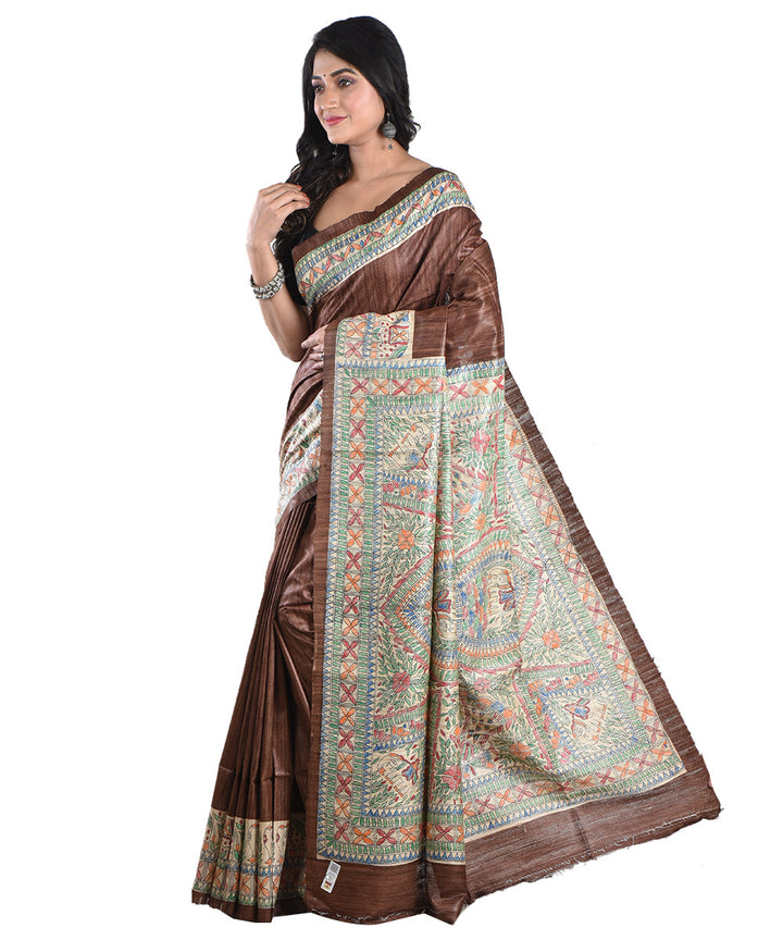Brown multicolor handloomtussar silk madhubani painting saree