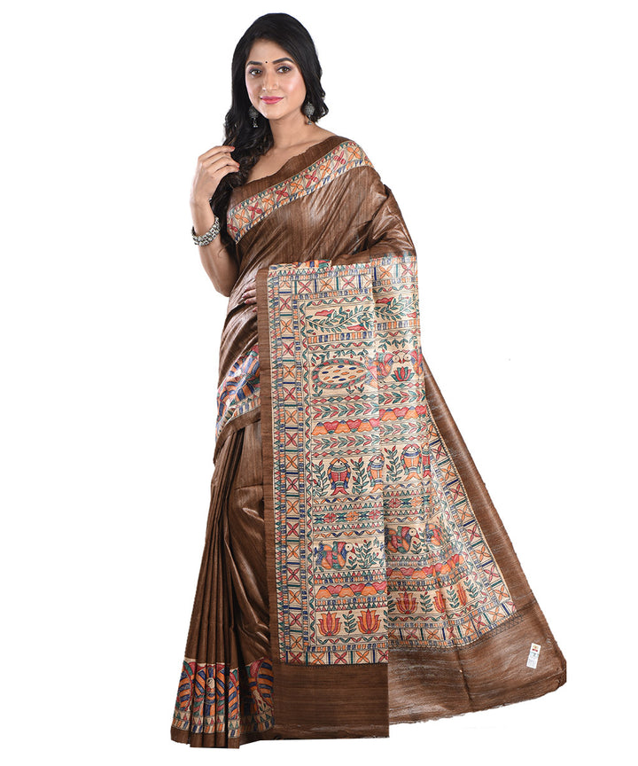 Brown multicolor handloom tussar silk madhubani painting saree