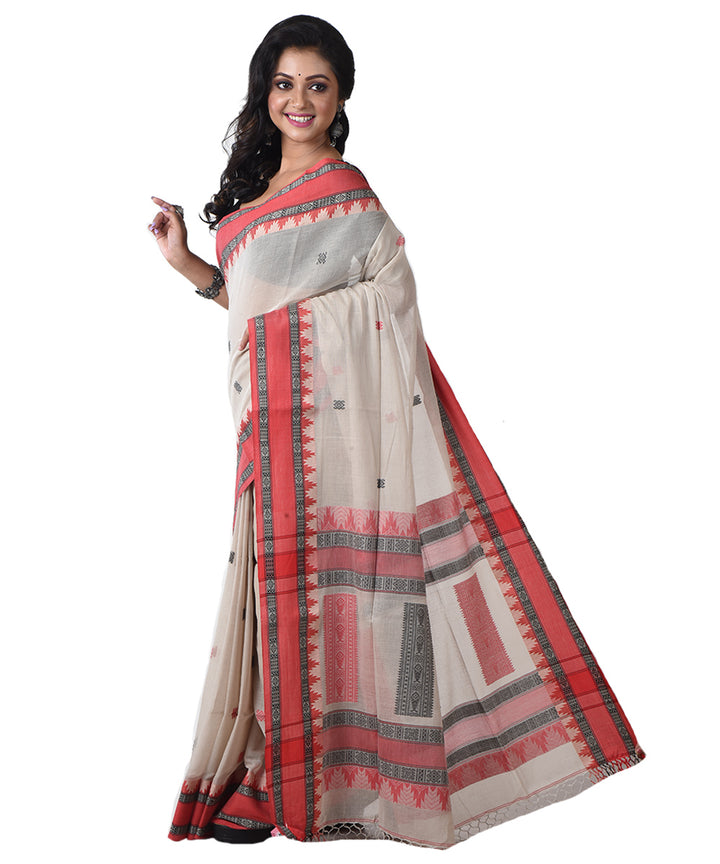 Beige red handloom cotton shantipuri saree