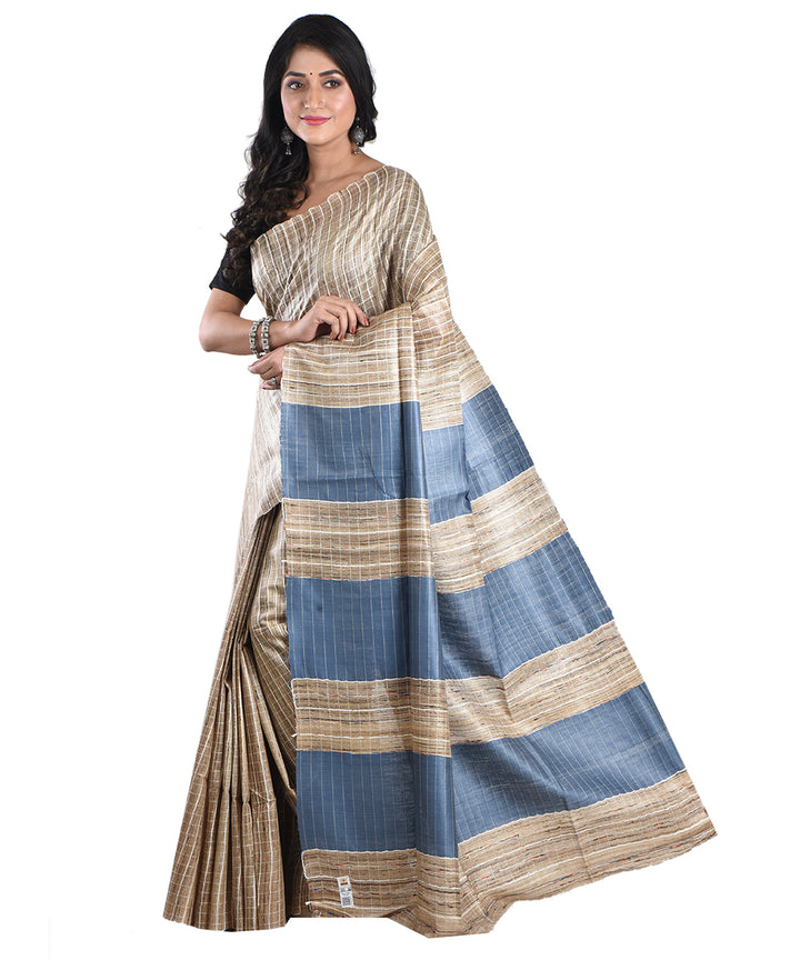 Beige grey handwoven tussar silk saree