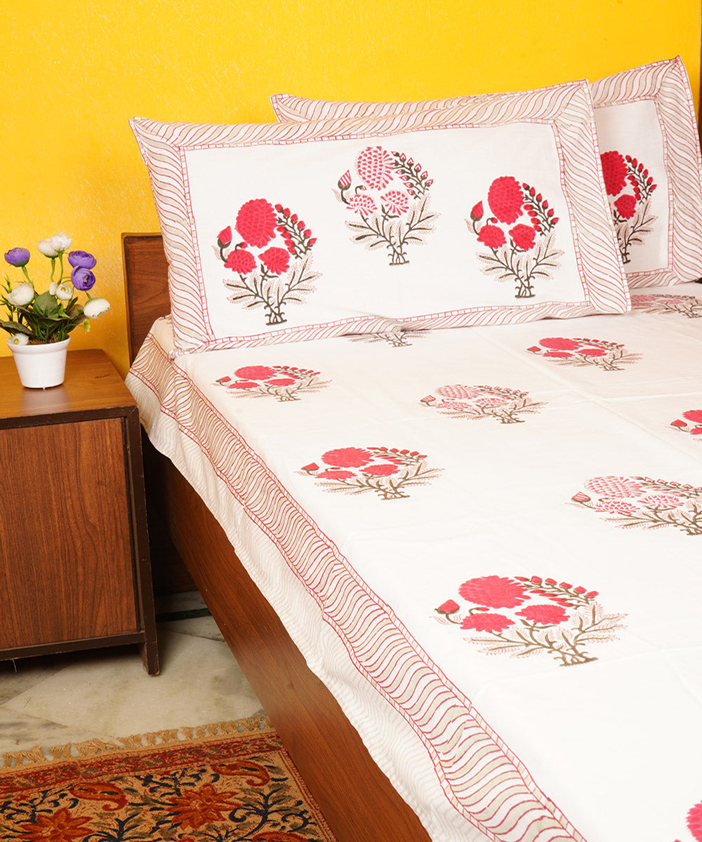 White red hand block printed cotton double bedsheet