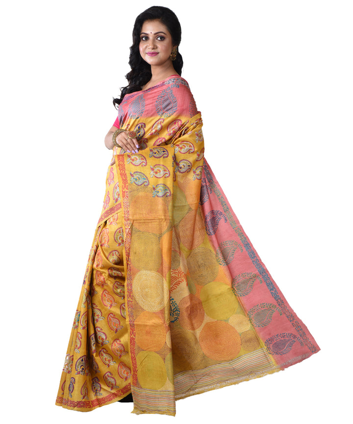 Mustard all over hand kantha stitched tussar silk saree