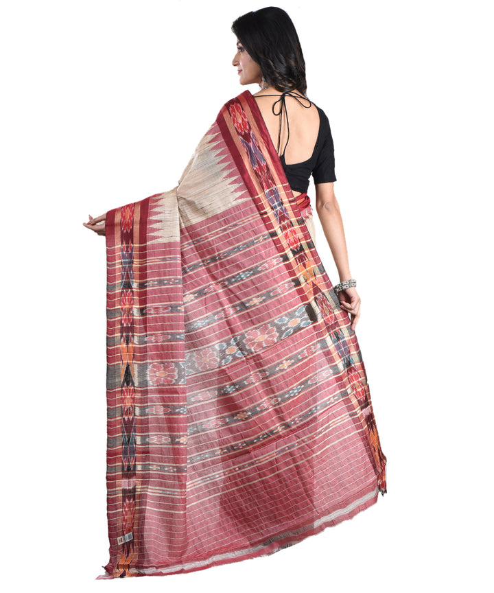 Beige red tussar silk handwoven saree