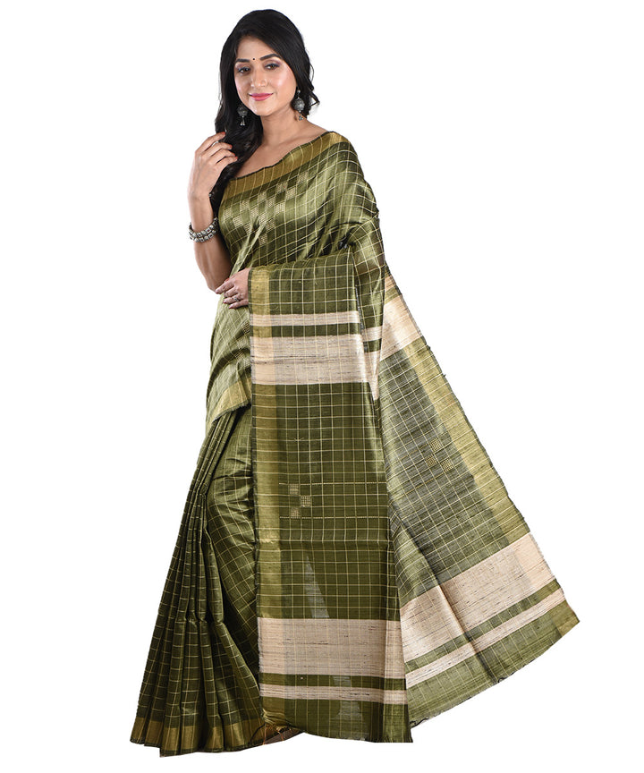 Dark green beige handwoven tussar silk saree