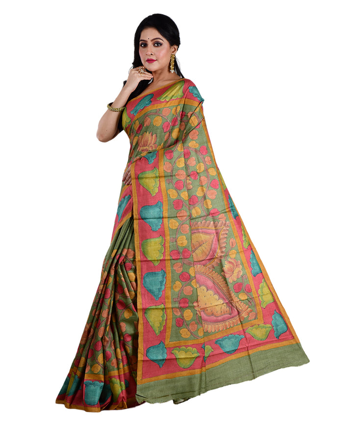 Multicolor olive green hand printed tussar silk saree