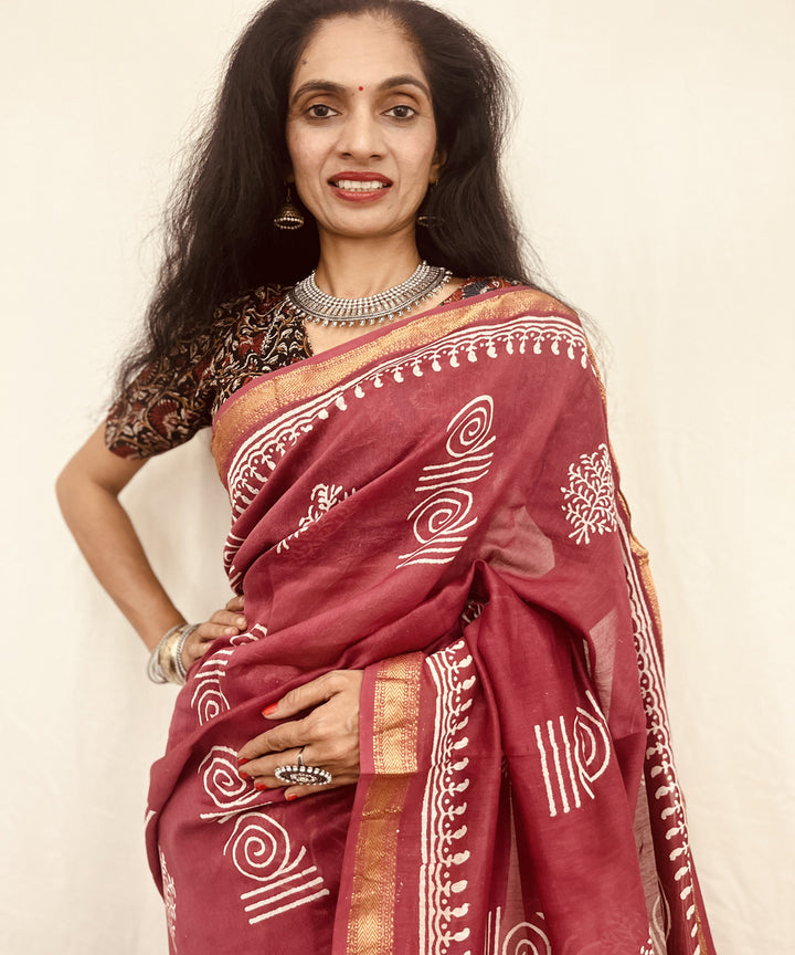 Onion pink hand block bagru print sico maheswari saree