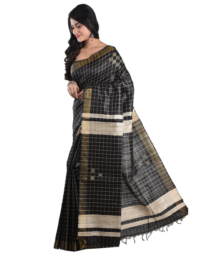 Black beige handwoven tussar silk saree