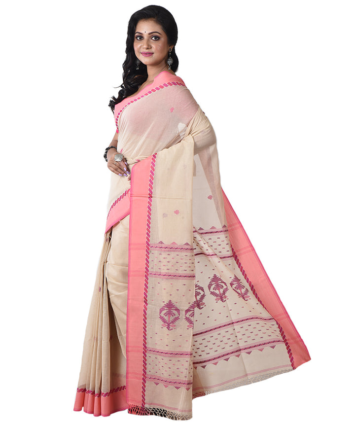 Beige pink handloom cotton shantipuri saree