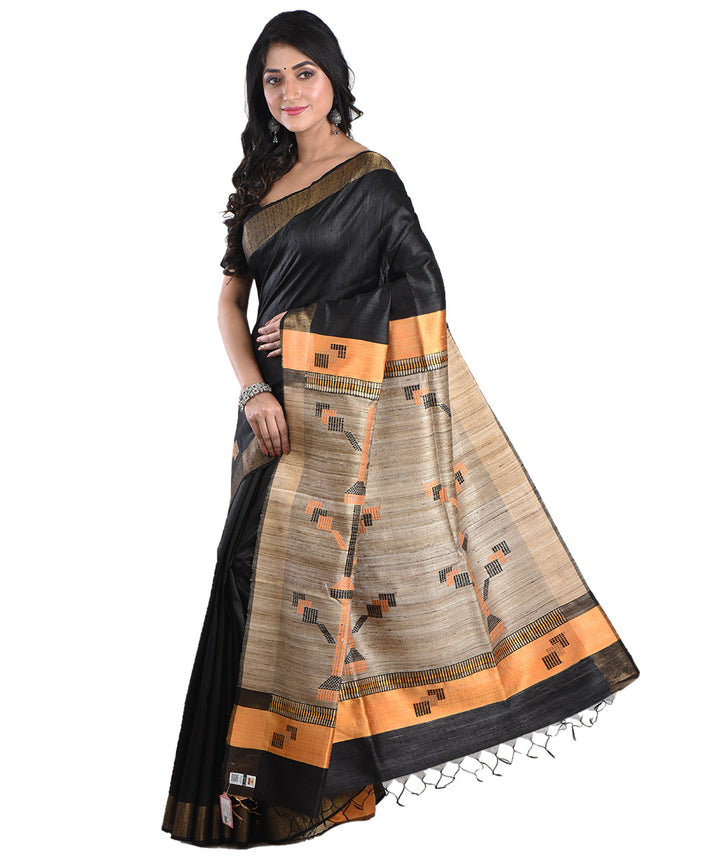 Black beige handloom tussar silk saree