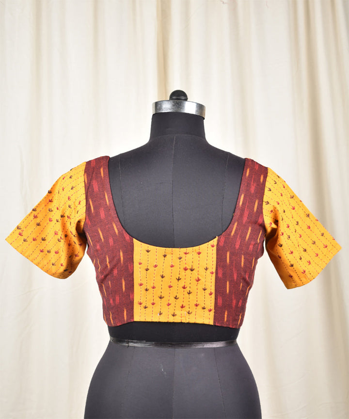 Mustard maroon handwoven ikat embroidered blouse