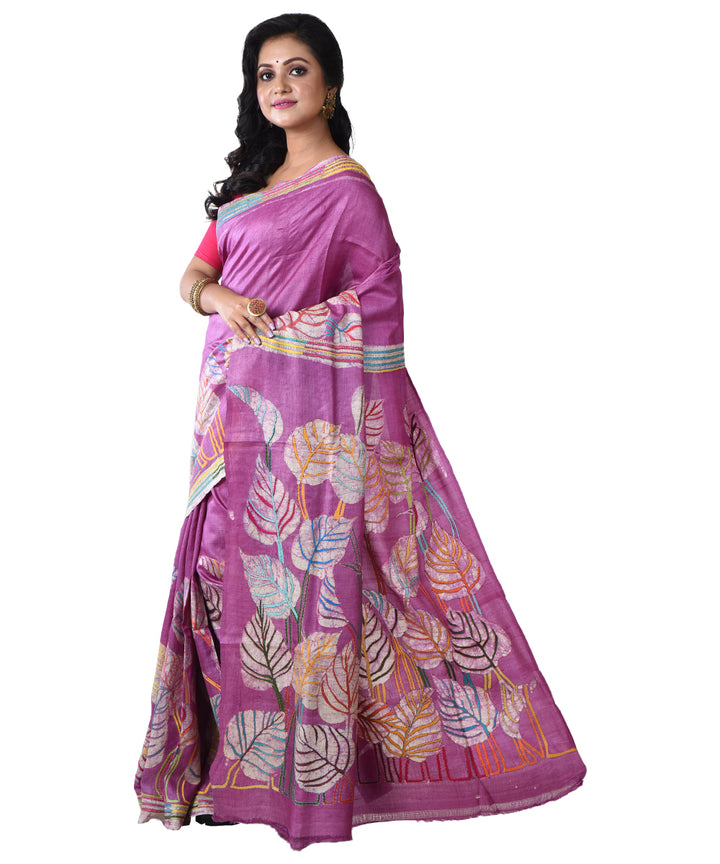 Violet hand kantha stitched tussar silk saree