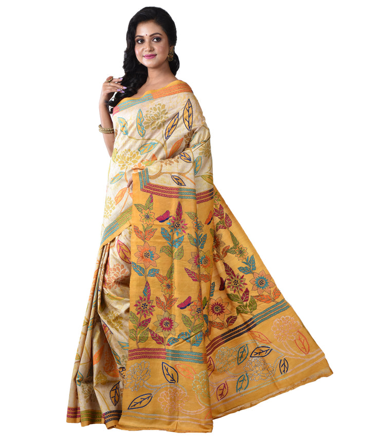 Beige mustard hand kantha stitched tussar silk saree