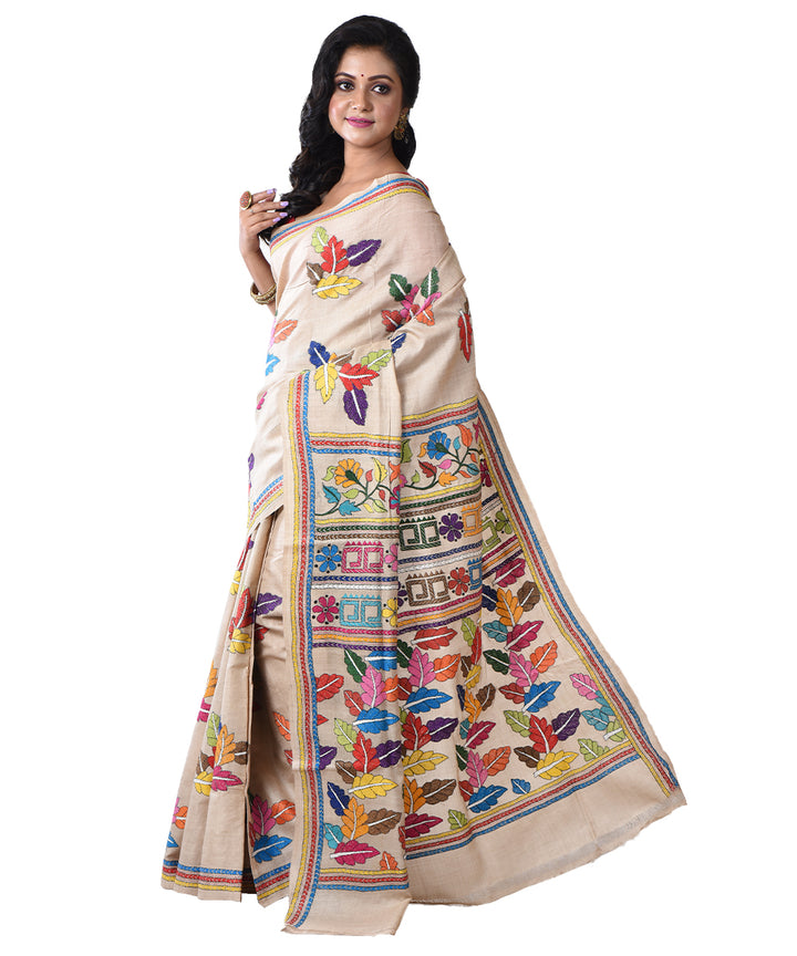 Beige multicolor silk hand kantha stitched saree