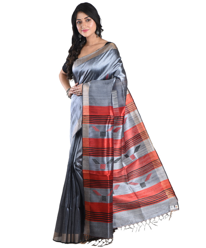 Grey red handwoven tussar silk saree