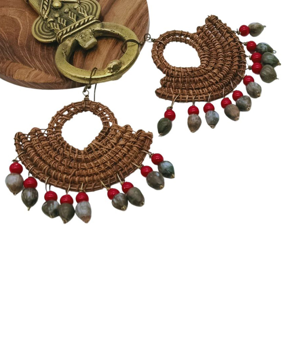 Brown red handcrafted half moon palm fibre seeds earring