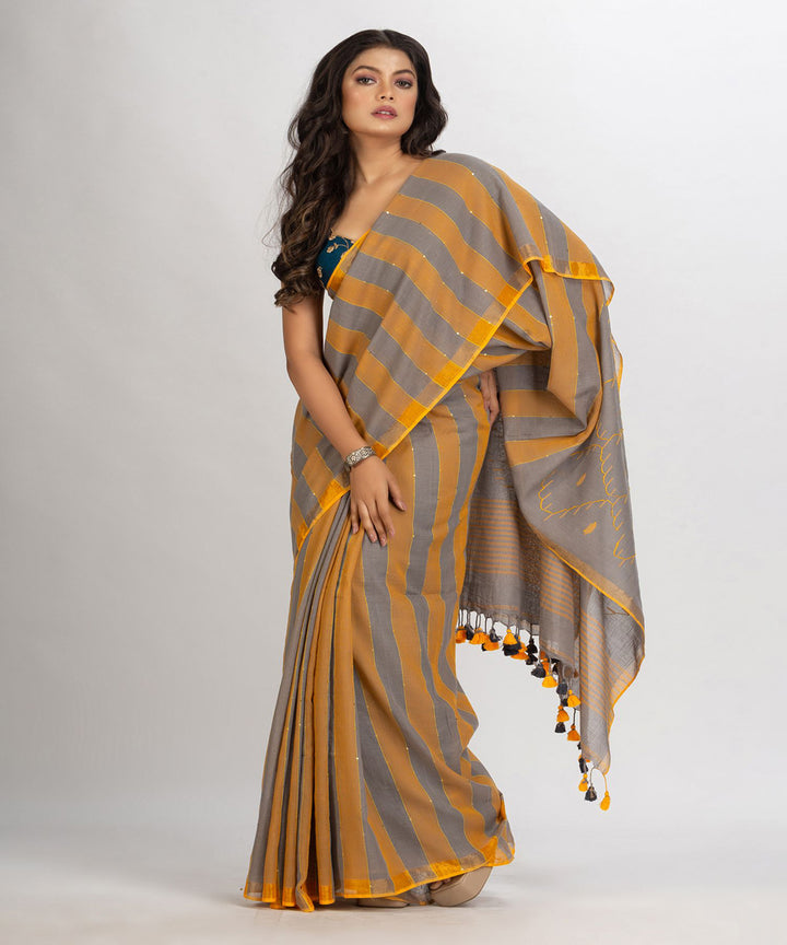 Mustard grey stripe handwoven cotton bengal saree