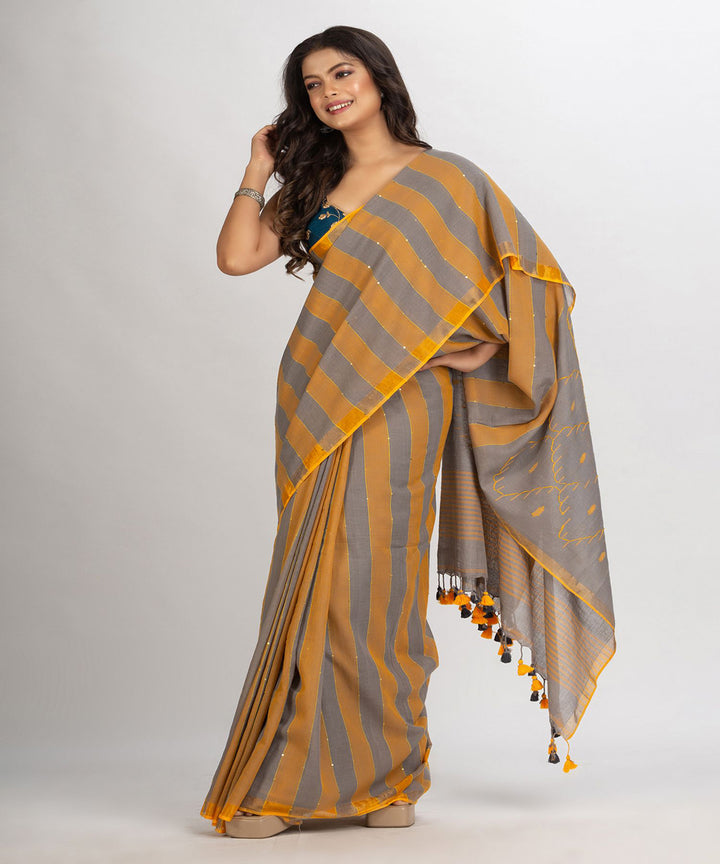 Mustard grey stripe handwoven cotton bengal saree