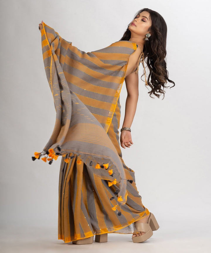 Mustard grey stripe handwoven cotton bengal saree