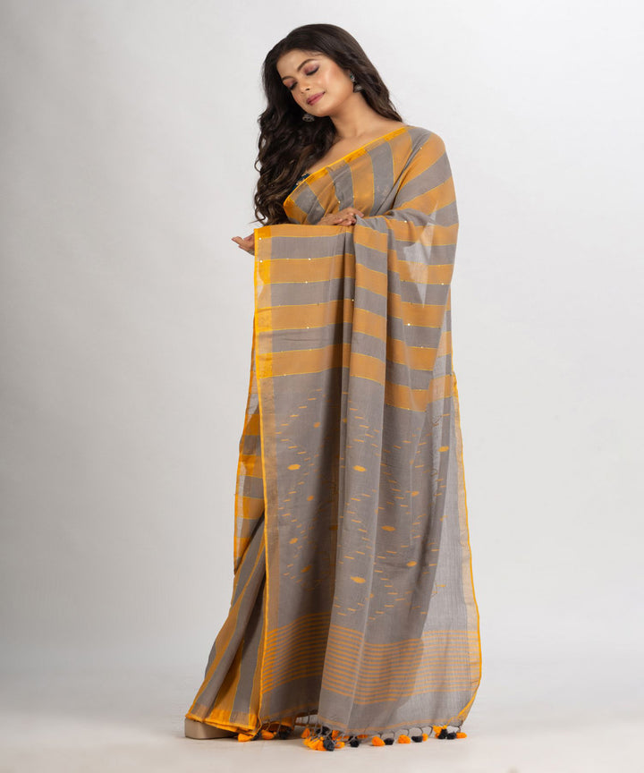 Mustard grey stripe handwoven cotton bengal saree