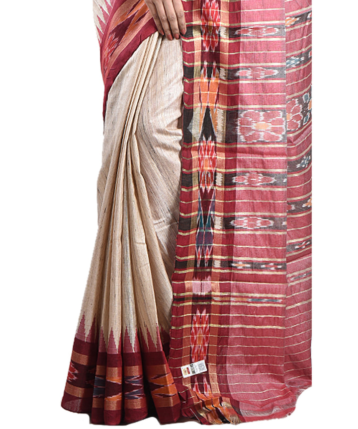 Beige red tussar silk handwoven saree