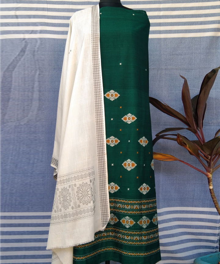 Dark green white handwoven bomkai cotton dress material