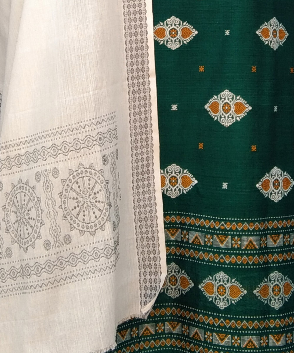 Dark green white handwoven bomkai cotton dress material