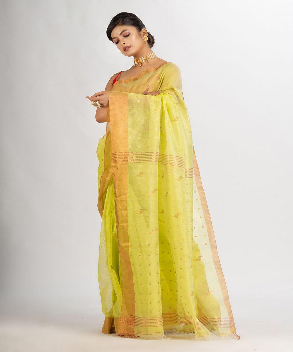 Lemon yellow cotton silk handwoven sequin bengal saree